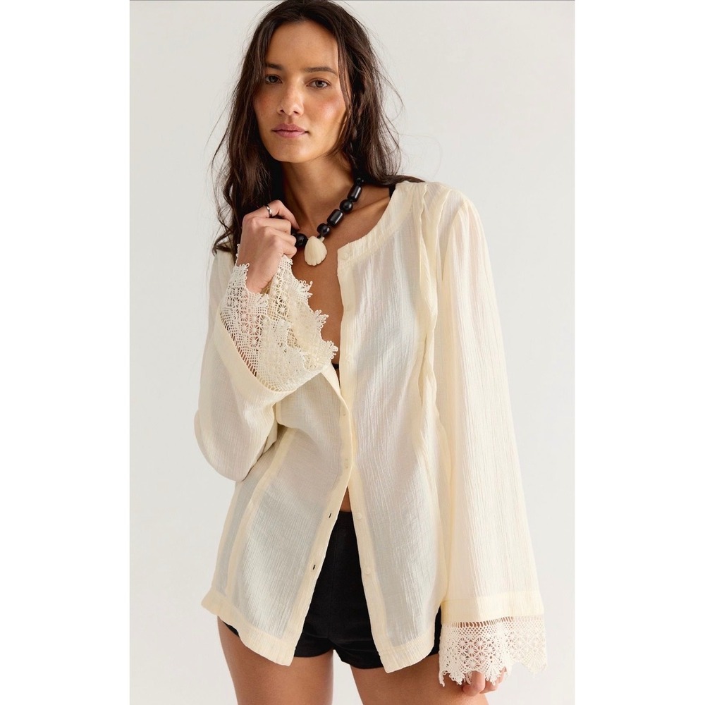 Free People Donni Lace Cuff Top Ivory Gauze Blouse NWOT tofu